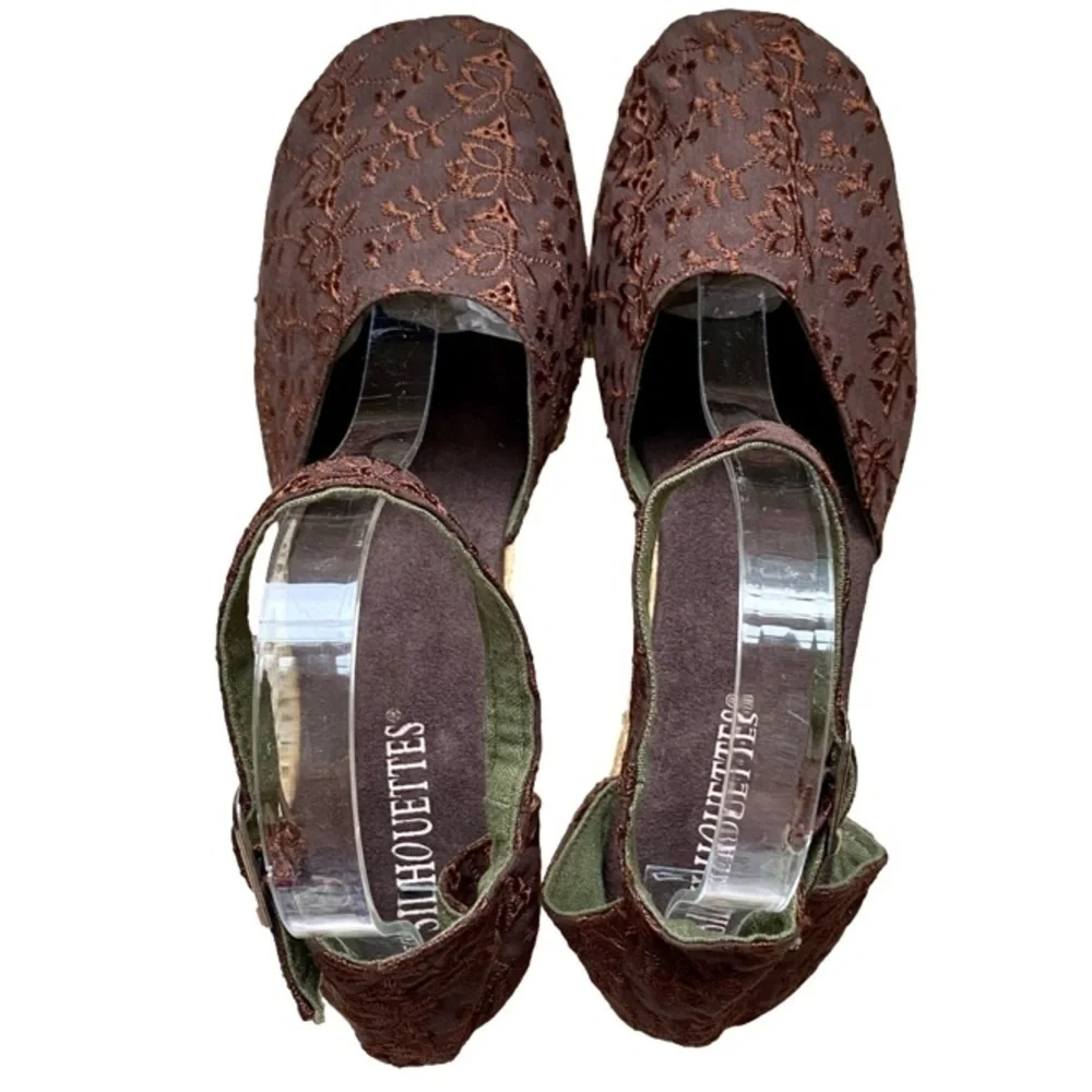 SILHOUETTES Eyelet Espadrille Ankle Strap Rope Heel Brown Women Size 10W